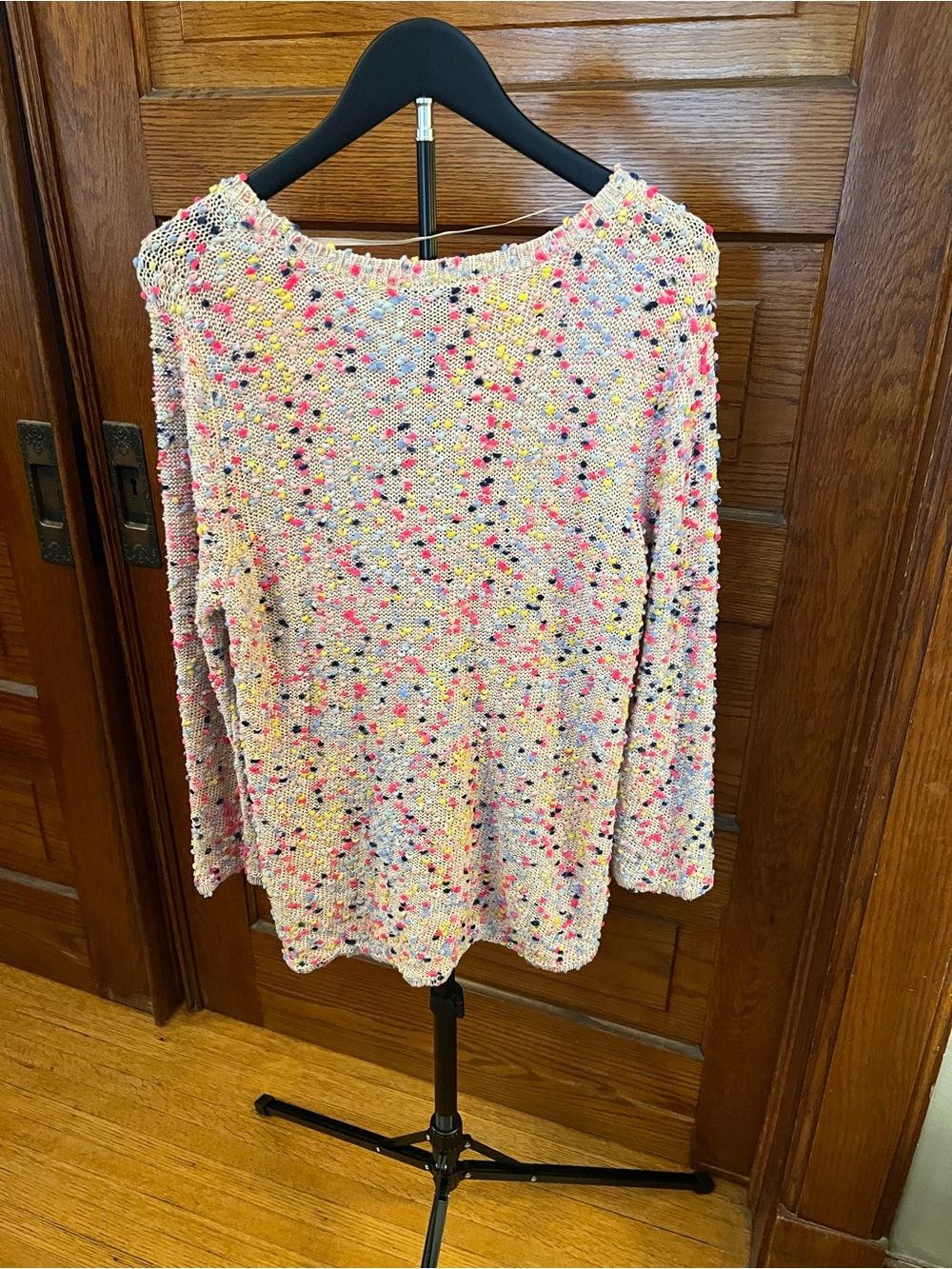 Women’s L Cream Knit Pullover Sweater with Pink & Multicolor Speckles - Picture 2 of 5